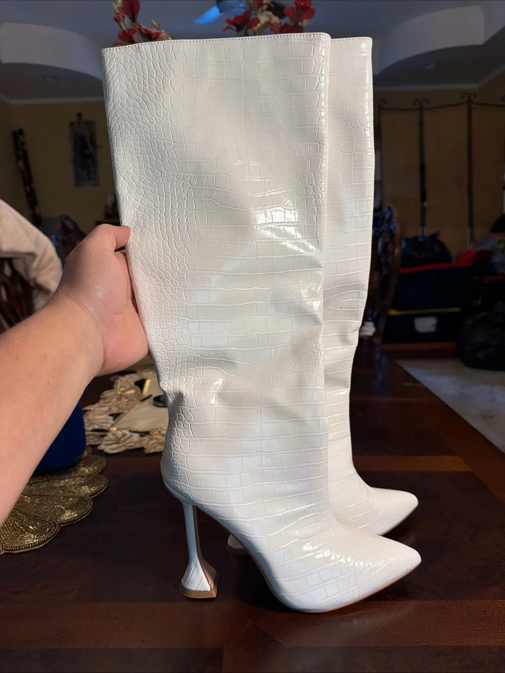 Croc-Embossed White Over-the-Knee Pointed Toe Boots